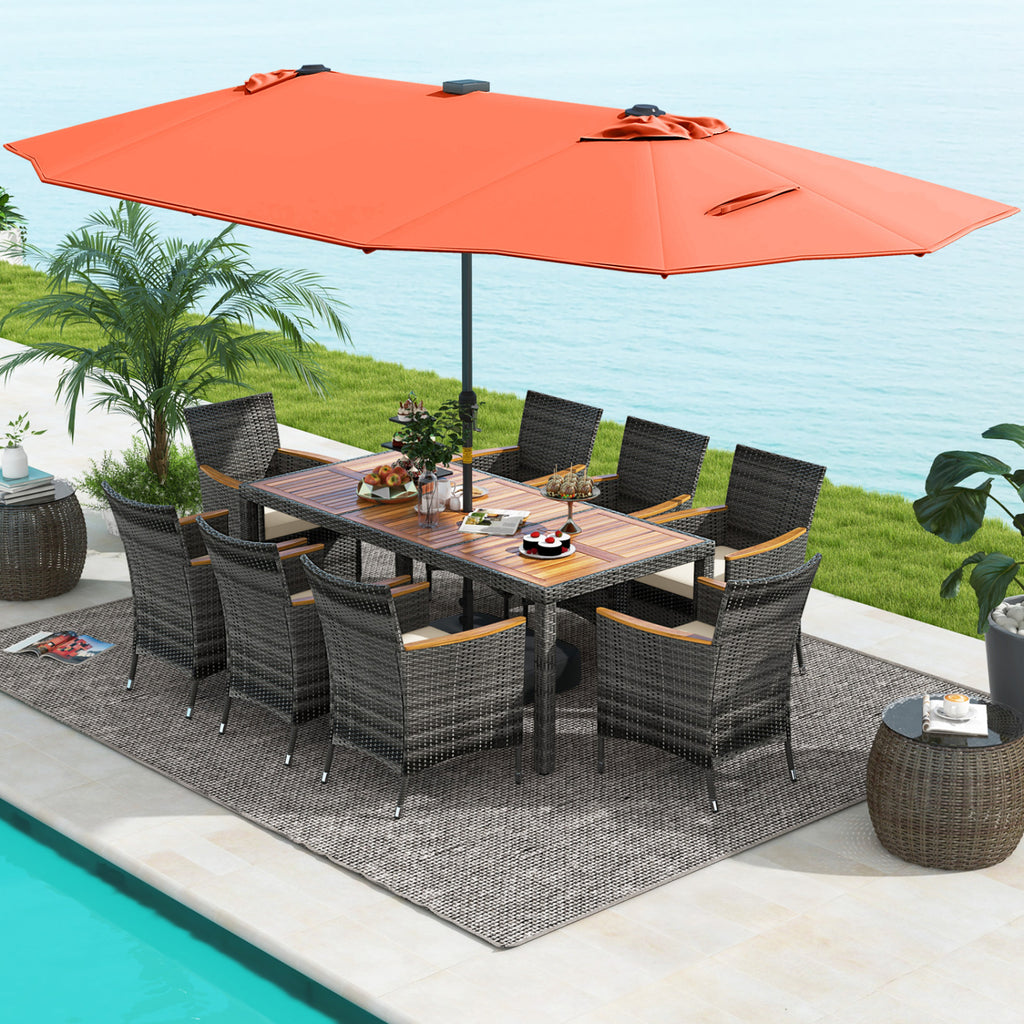 11 Pieces Patio Dining Set with 15 Feet Double-Sided Patio Umbrella Base Included-Orange