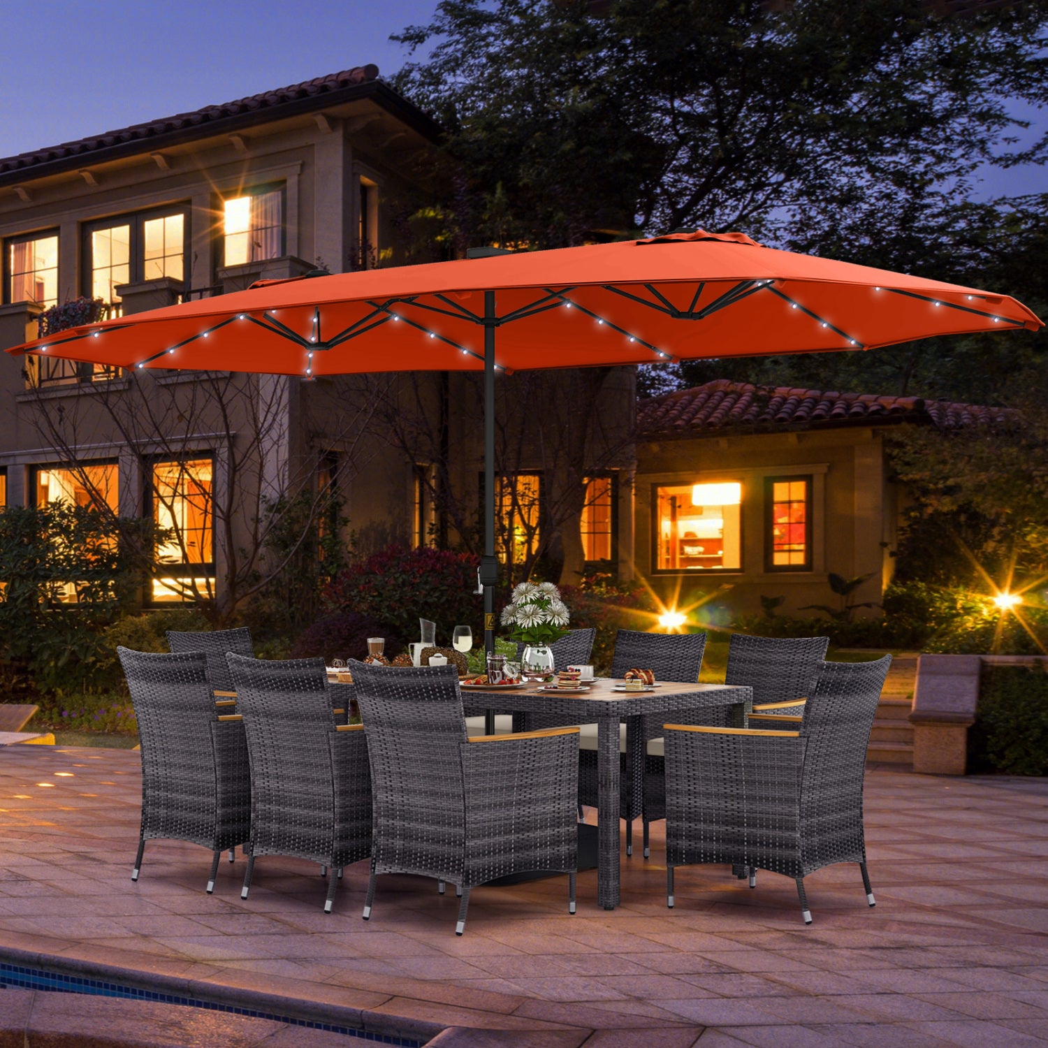 11 Pieces Patio Dining Set with 15 Feet Double-Sided Patio Umbrella Base Included-Orange