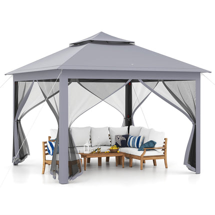 11 x 11 Feet 2-Tier Pop-Up Gazebo Tent Portable Canopy Shelter Carry Bag Mesh-Gray