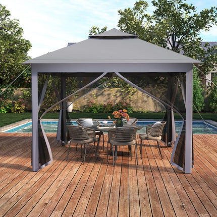 11 x 11 Feet 2-Tier Pop-Up Gazebo Tent Portable Canopy Shelter Carry Bag Mesh-Gray