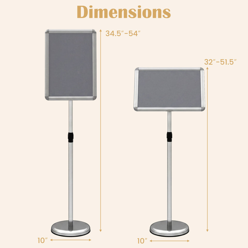 11 x 17 Inch Height Adjustable Sign Holder Stand with Snap-Open Frame-Silver