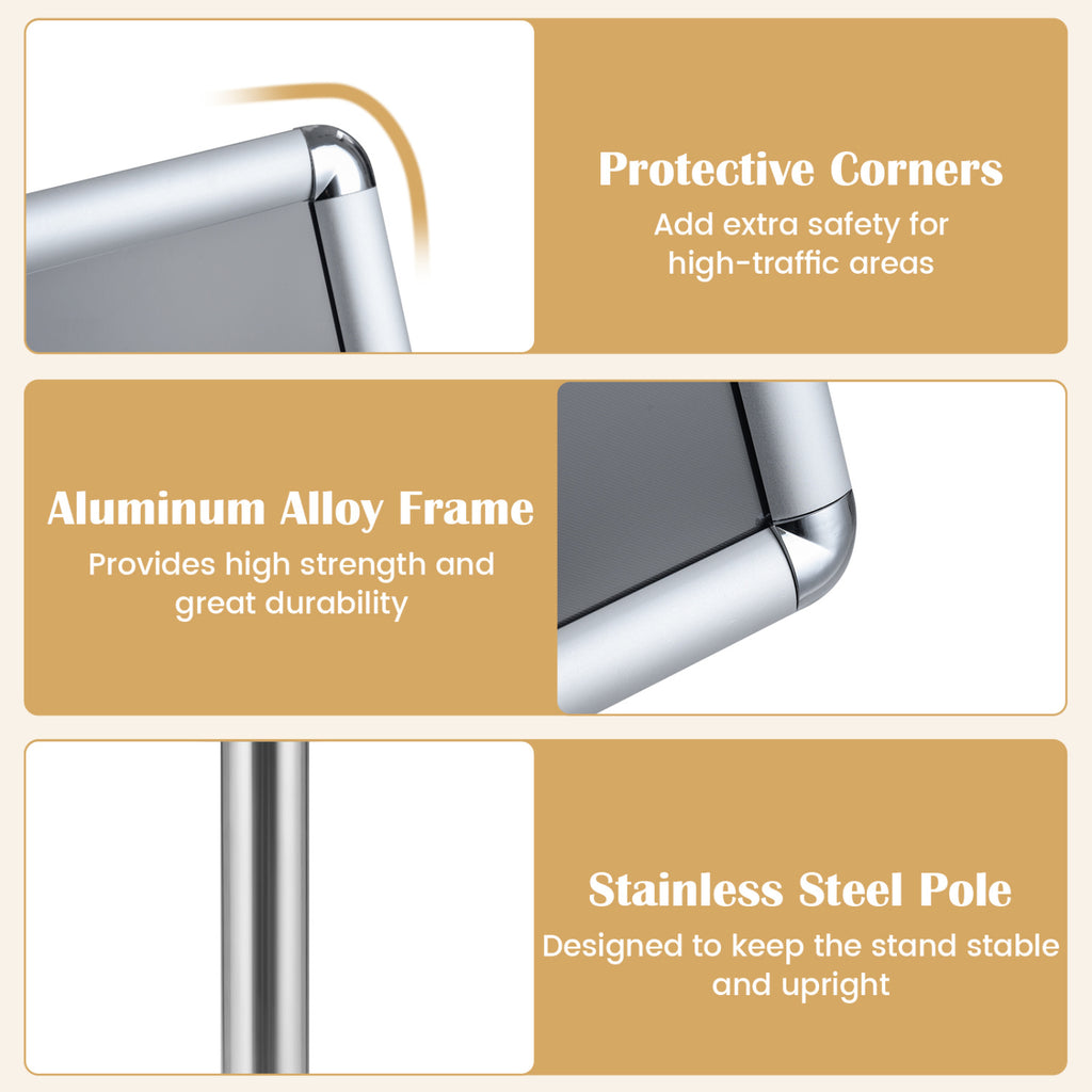 11 x 17 Inch Height Adjustable Sign Holder Stand with Snap-Open Frame-Silver