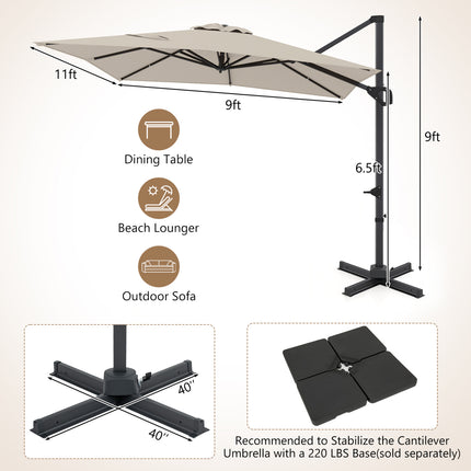 11 x 9 FT Cantilever Patio Umbrella with 360° Rotation and Easy Tilt Adjustment-Beige