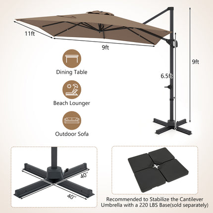 11 x 9 FT Cantilever Patio Umbrella with 360° Rotation and Easy Tilt Adjustment-Brown