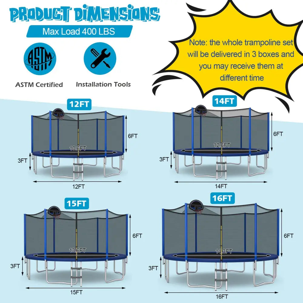 12/14/15/16 Feet Outdoor Recreational Trampoline with Enclosure Net-16 ft - Black - Outdoor Play
