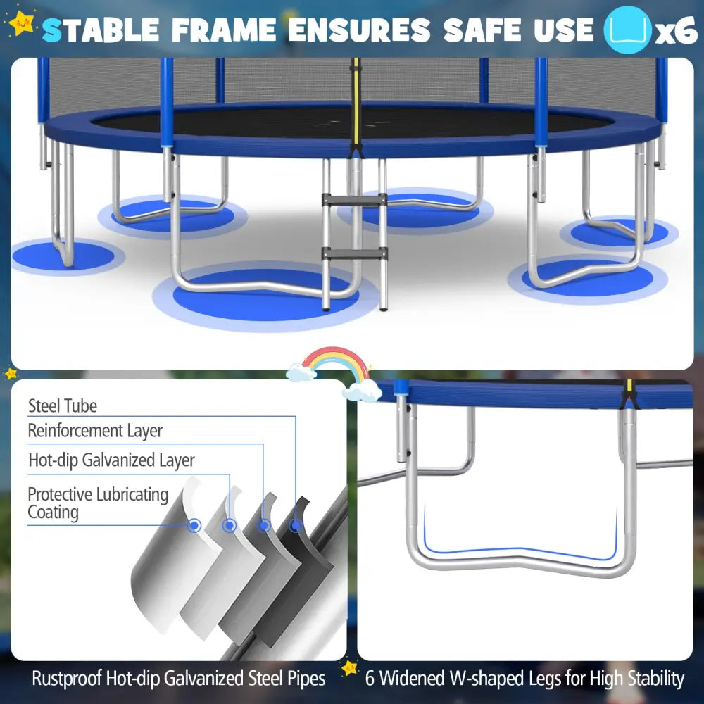 12/14/15/16 Feet Outdoor Recreational Trampoline with Enclosure Net-12 ft - Black - Outdoor Play