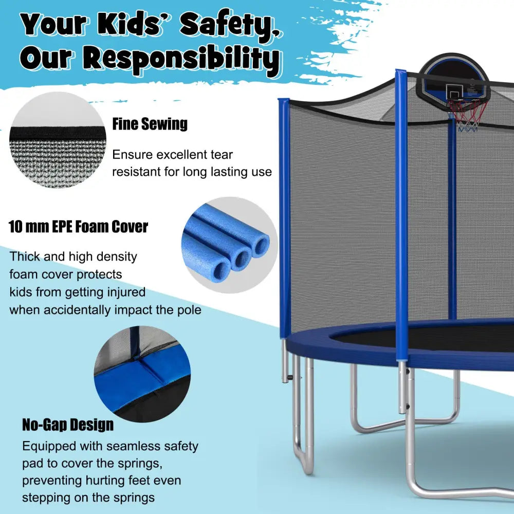 12/14/15/16 Feet Outdoor Recreational Trampoline with Enclosure Net-15 ft - Black - Outdoor Play