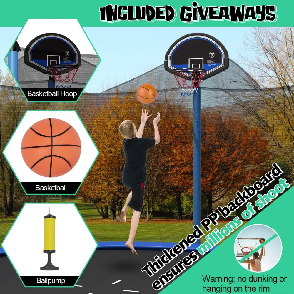 12/14/15/16 Feet Outdoor Recreational Trampoline with Ladder and Enclosure Net-15 ft - Black - Outdoor Play