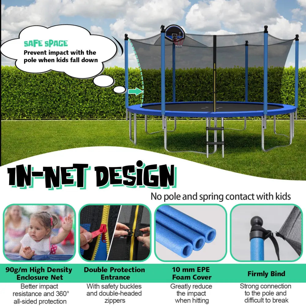 12/14/15/16 Feet Outdoor Recreational Trampoline with Ladder and Enclosure Net-15 ft - Black - Outdoor Play