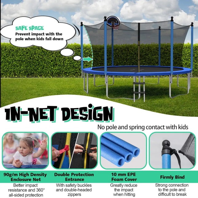 12/14/15/16 Feet Outdoor Recreational Trampoline with Ladder and Enclosure Net-16 ft - Black - Outdoor Play