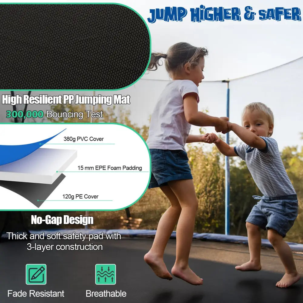 12/14/15/16 Feet Outdoor Recreational Trampoline with Ladder and Enclosure Net-15 ft - Black - Outdoor Play