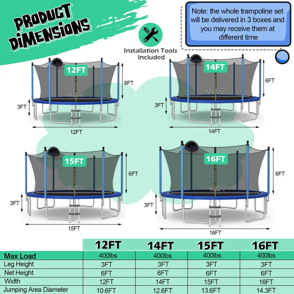 12/14/15/16 Feet Outdoor Recreational Trampoline with Ladder and Enclosure Net-15 ft - Black - Outdoor Play