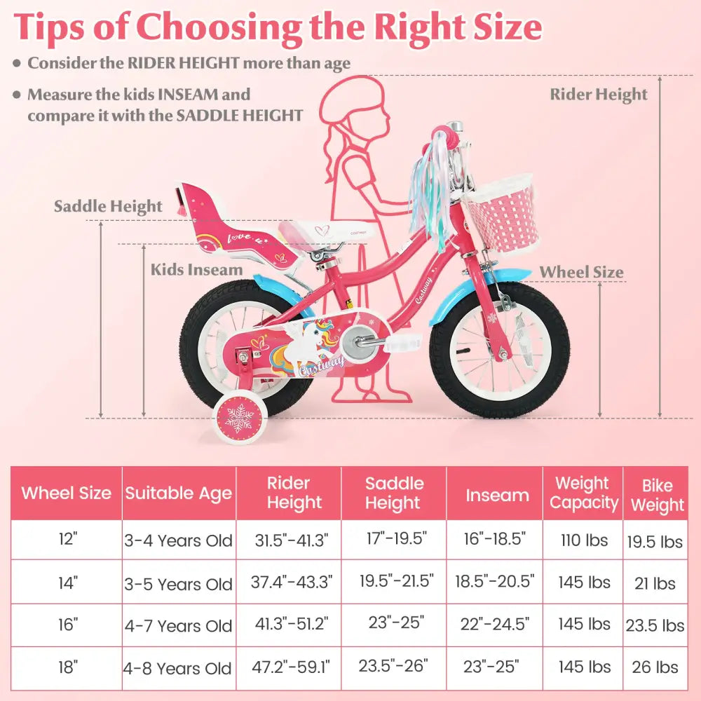 12/14/16/18 Inch Girls Bike for 3-8 Years Old Kids Bike with Doll Seat-12 inches - Pink - Kids Bike