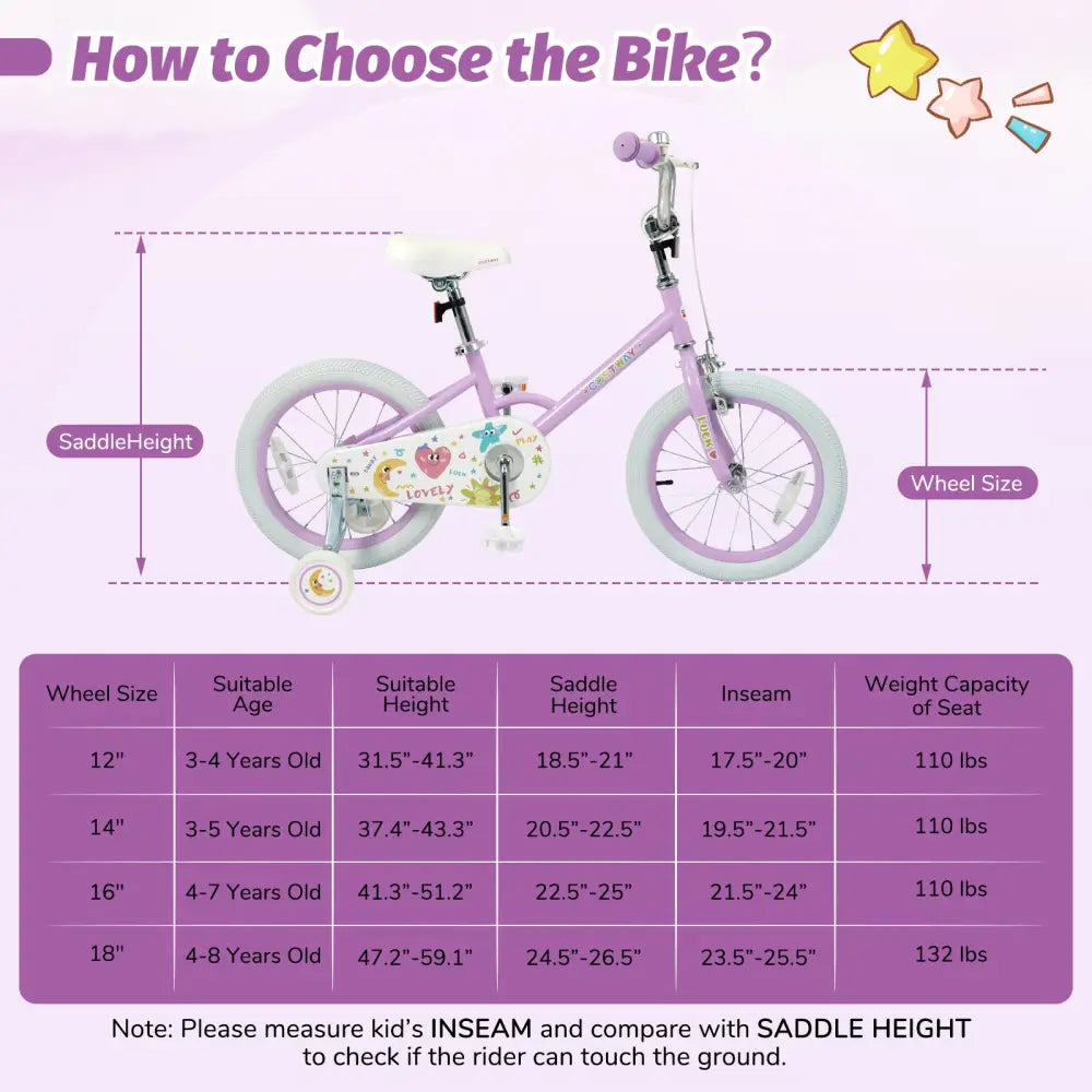 12/14/16/18 Inch Kids Bike Adjustable for 3-8 Years Old Children Purple - Stars & Moon-16 inch - Purple - Kids Bike