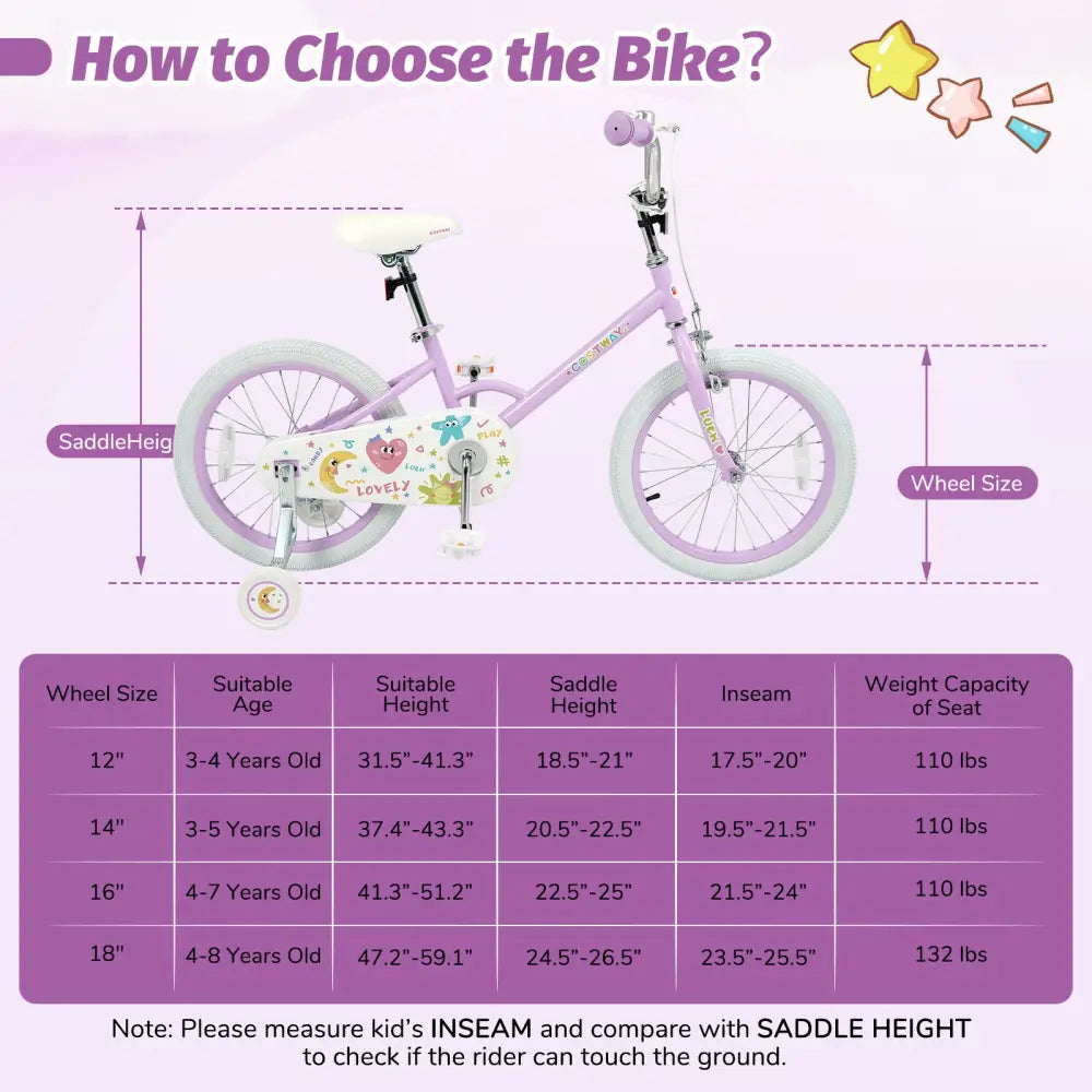 12/14/16/18 Inch Kids Bike Adjustable for 3-8 Years Old Children Purple - Stars & Moon-18 inches - Purple - Kids Bike