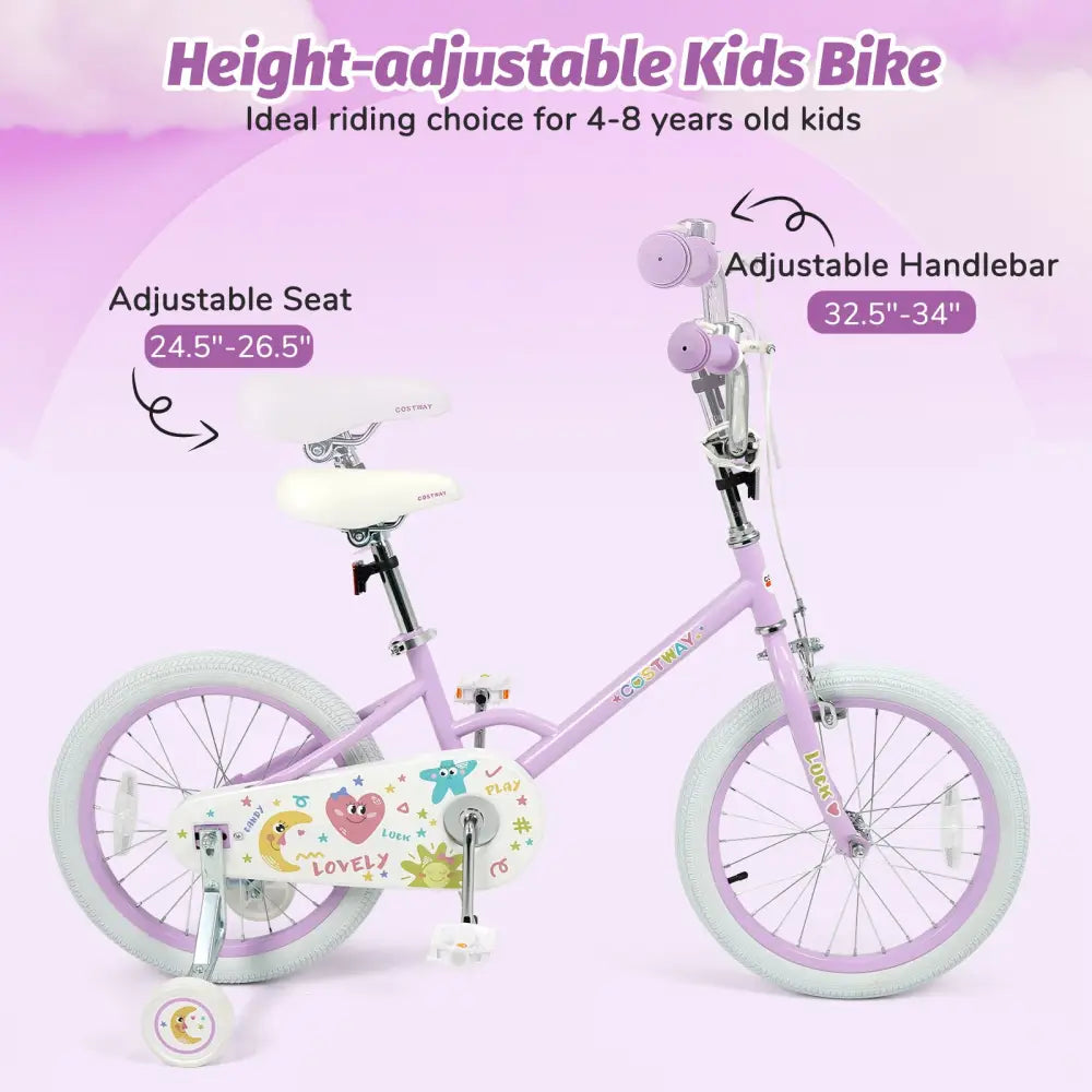 12/14/16/18 Inch Kids Bike Adjustable for 3-8 Years Old Children Purple - Stars & Moon-18 inches - Purple - Kids Bike