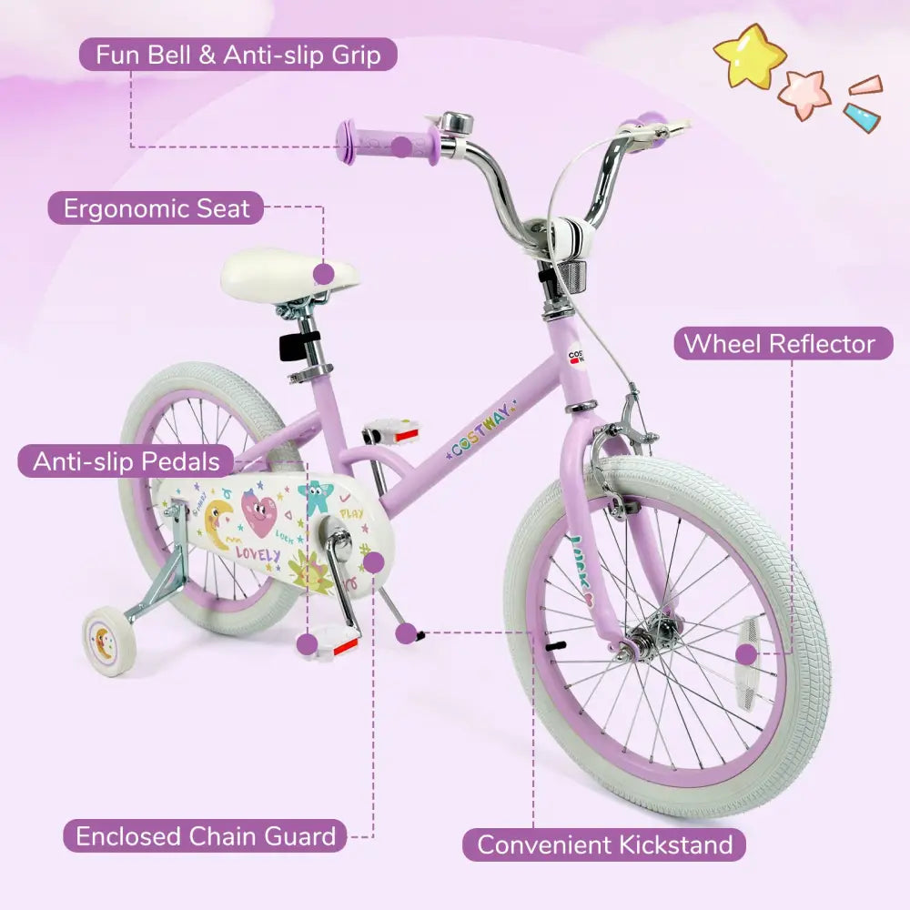 12/14/16/18 Inch Kids Bike Adjustable for 3-8 Years Old Children Purple - Stars & Moon-18 inches - Purple - Kids Bike