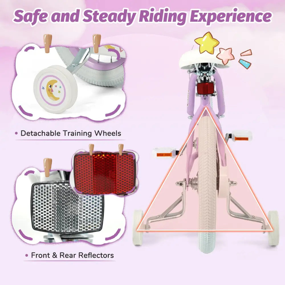 12/14/16/18 Inch Kids Bike Adjustable for 3-8 Years Old Children Purple - Stars & Moon-16 inch - Purple - Kids Bike
