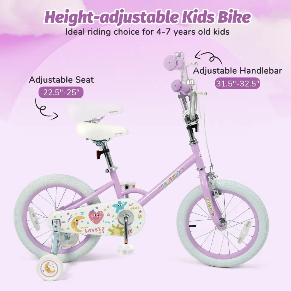 12/14/16/18 Inch Kids Bike Adjustable for 3-8 Years Old Children Purple - Stars & Moon-16 inch - Purple - Kids Bike