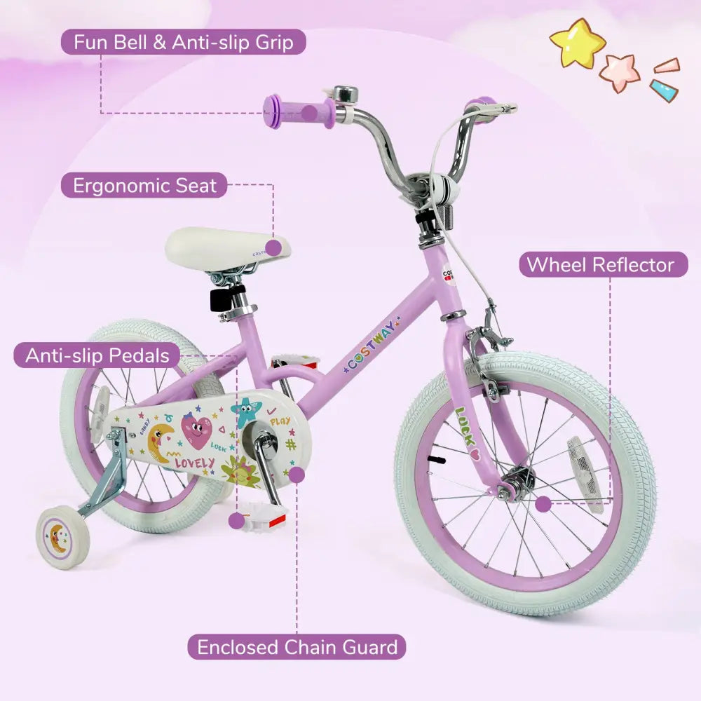 12/14/16/18 Inch Kids Bike Adjustable for 3-8 Years Old Children Purple - Stars & Moon-16 inch - Purple - Kids Bike
