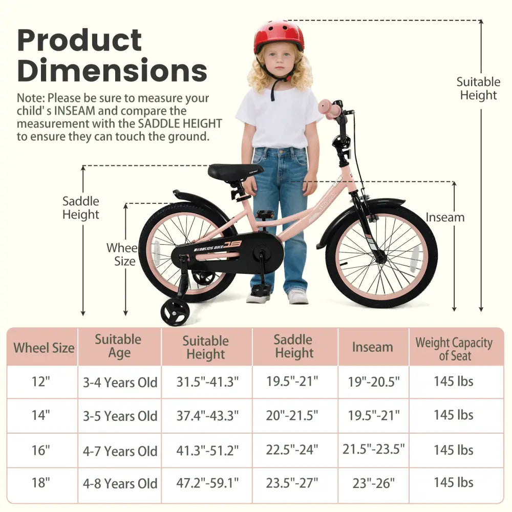 12/14/16/18 Inch Kids Bike Adjustable with Removable Training Wheels Pink for 3-8 Years Old-18 inches - Pink - Kids Bike