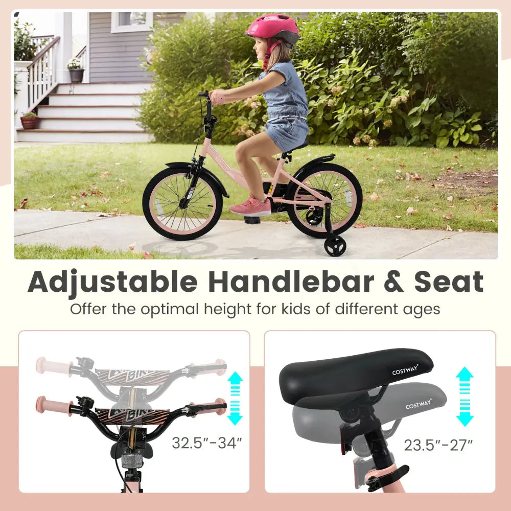 12/14/16/18 Inch Kids Bike Adjustable with Removable Training Wheels Pink for 3-8 Years Old-18 inches - Pink - Kids Bike