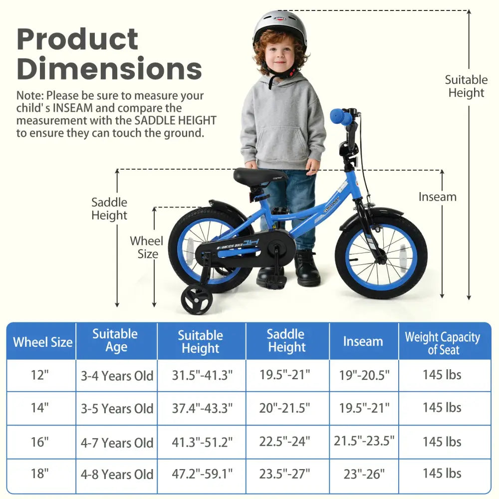 12/14/16/18 Inches Kids Bike with Removable Training Wheels and Adjustable Seatfor 3-8 Years Old Navy-14 inches - Navy