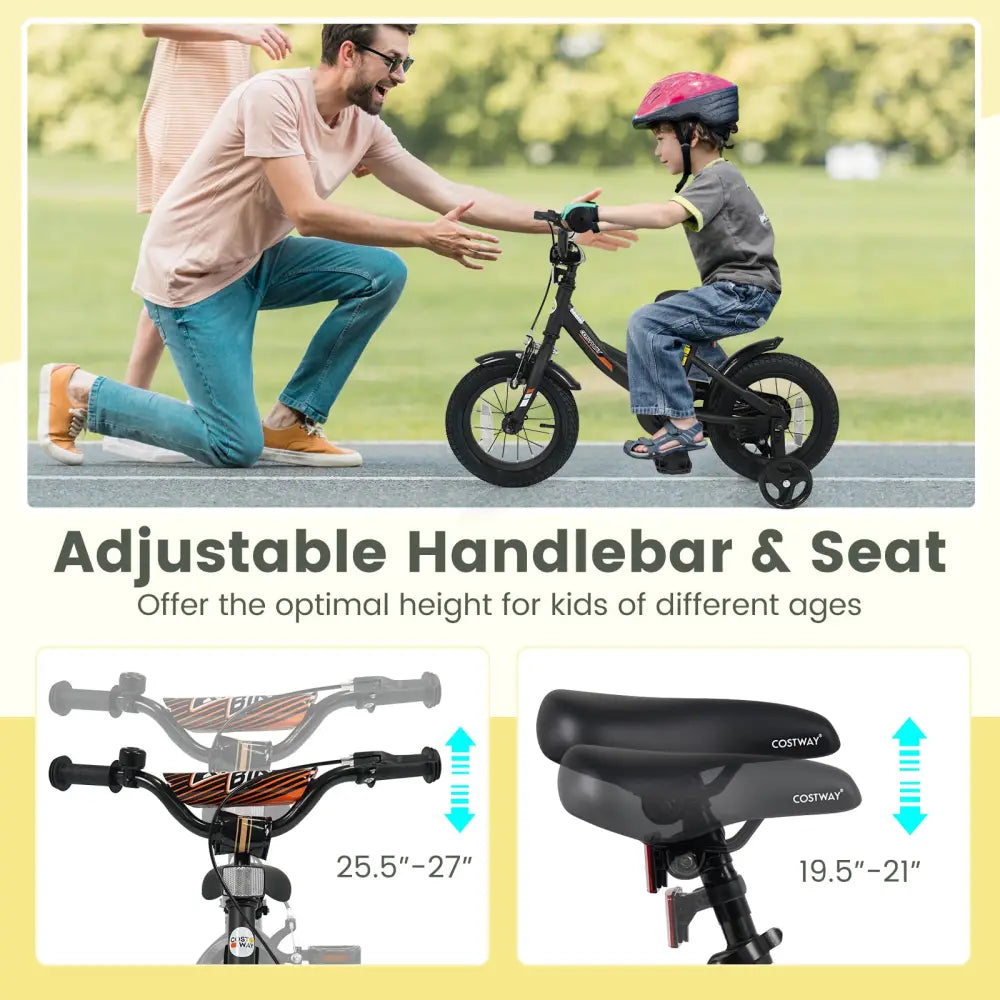 12/14/16/18 Inches Kids Bike with Removable Training Wheels and Adjustable Seatfor 3-8 Years Old Black-12 inches