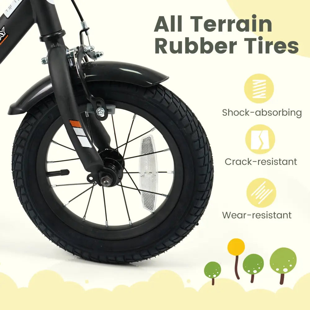 12/14/16/18 Inches Kids Bike with Removable Training Wheels and Adjustable Seatfor 3-8 Years Old Black-12 inches