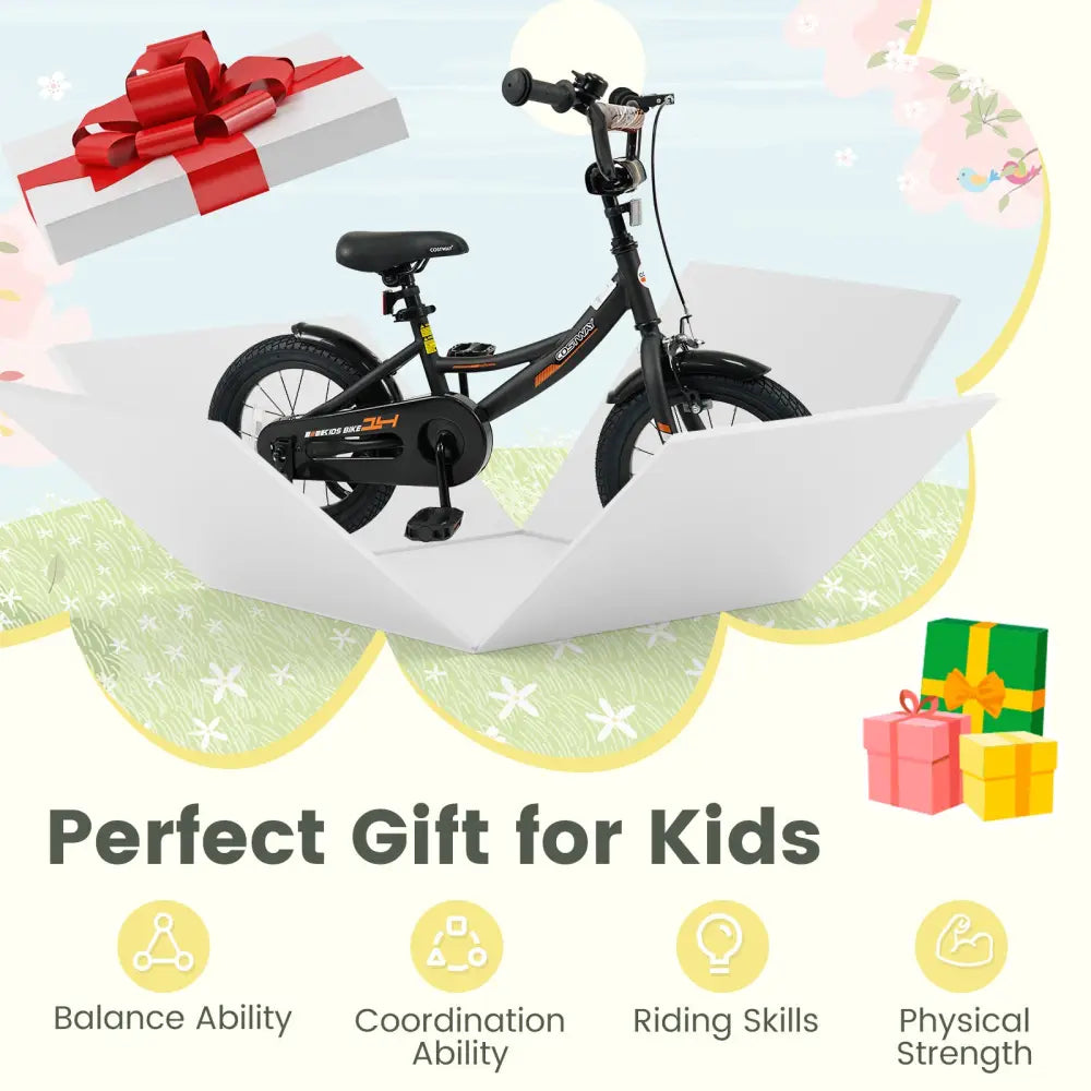 12/14/16/18 Inches Kids Bike with Removable Training Wheels and Adjustable Seatfor 3-8 Years Old Black-14 inches