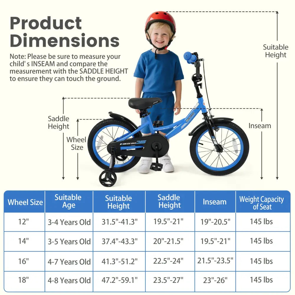 12/14/16/18 Inches Kids Bike with Removable Training Wheels and Adjustable Seatfor 3-8 Years Old Navy-16 inches - Navy