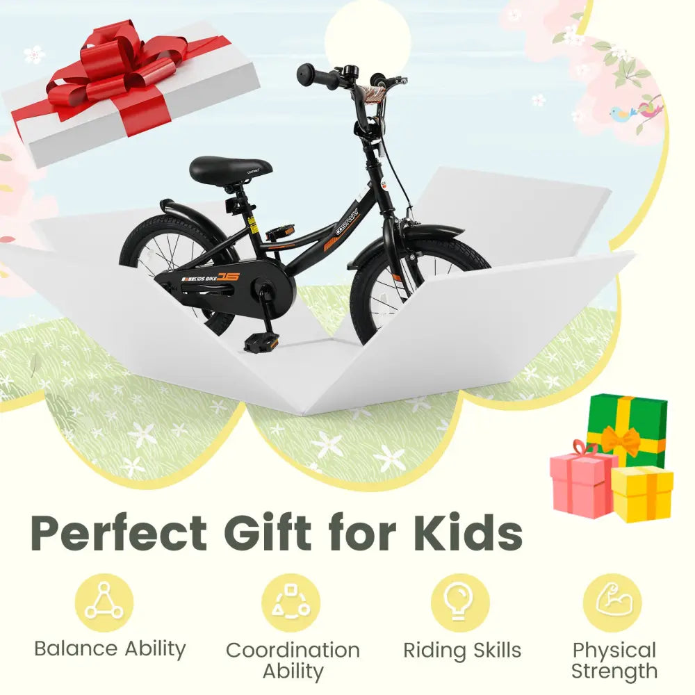 12/14/16/18 Inches Kids Bike with Removable Training Wheels and Adjustable Seatfor 3-8 Years Old Black-16 inches