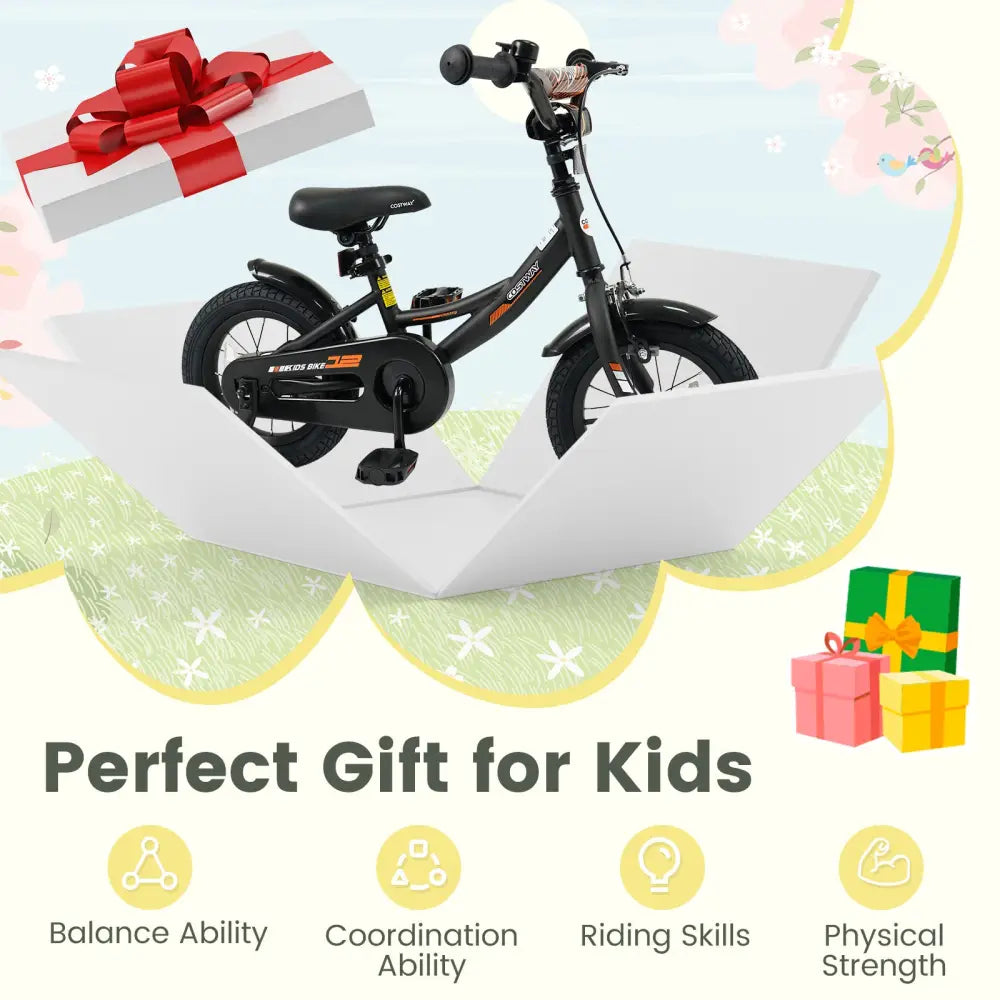 12/14/16/18 Inches Kids Bike with Removable Training Wheels and Adjustable Seatfor 3-8 Years Old Black-12 inches