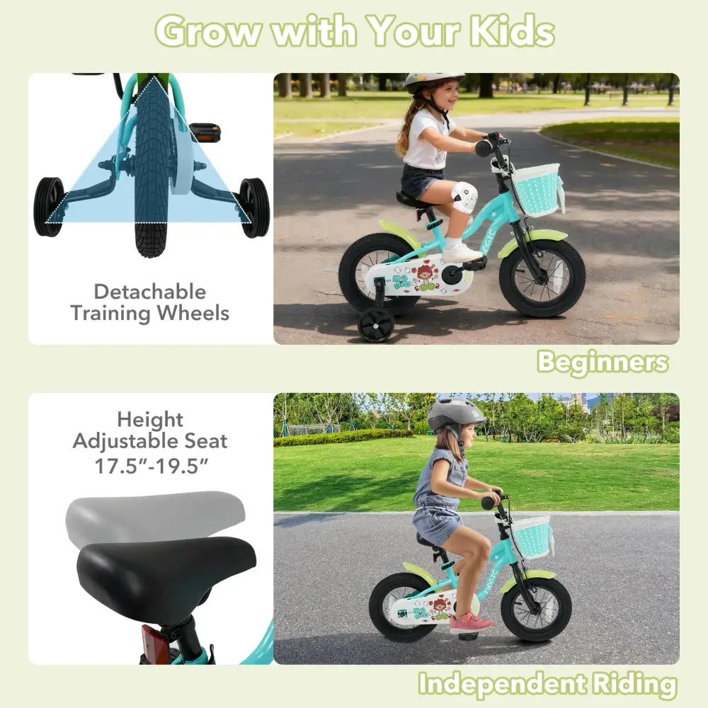 12/14/16 Inch Kids Bike with Training Wheels and Basket Green Color-12 - Kids Bike