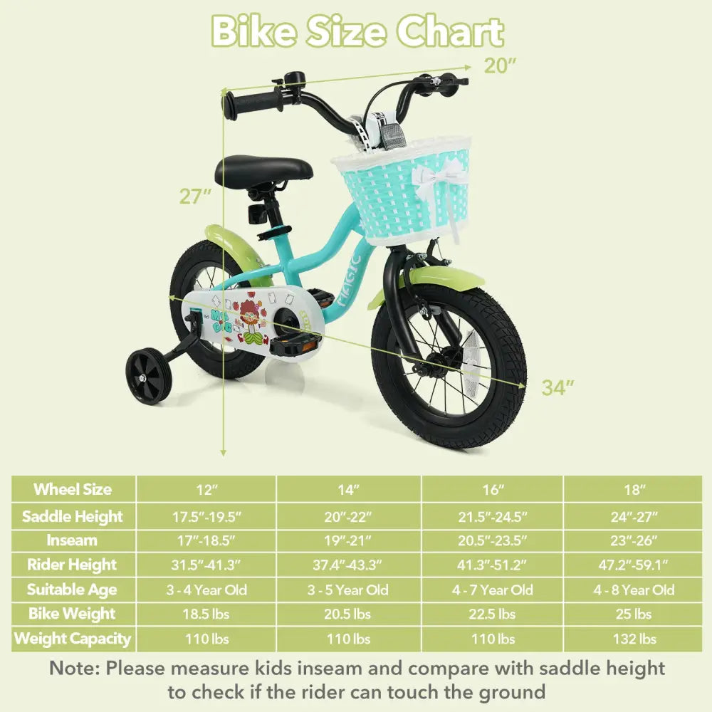 12/14/16 Inch Kids Bike with Training Wheels and Basket Green Color-12 - Kids Bike