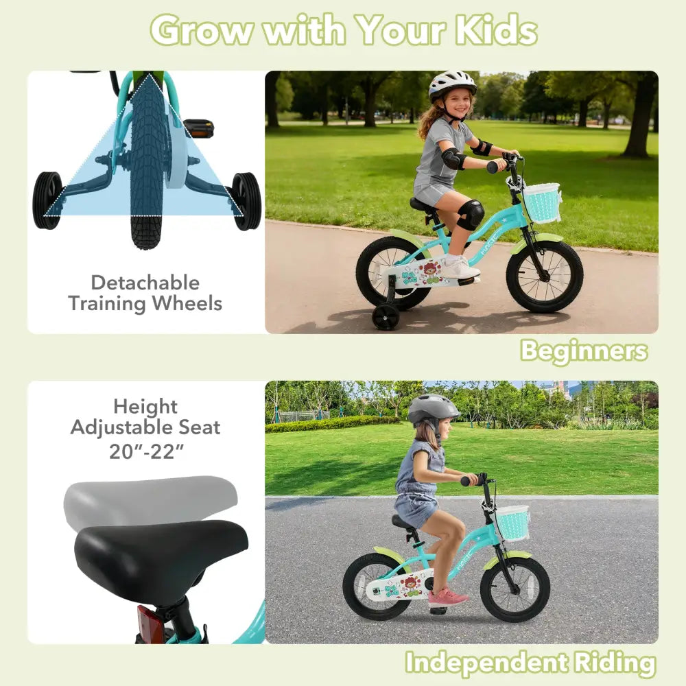 12/14/16 Inch Kids Bike with Training Wheels and Basket Green Color-14 - Kids Bike