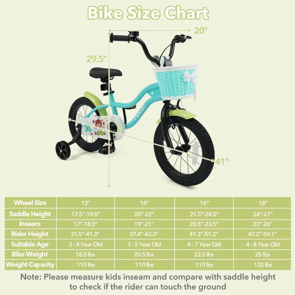 12/14/16 Inch Kids Bike with Training Wheels and Basket Green Color-14 - Kids Bike