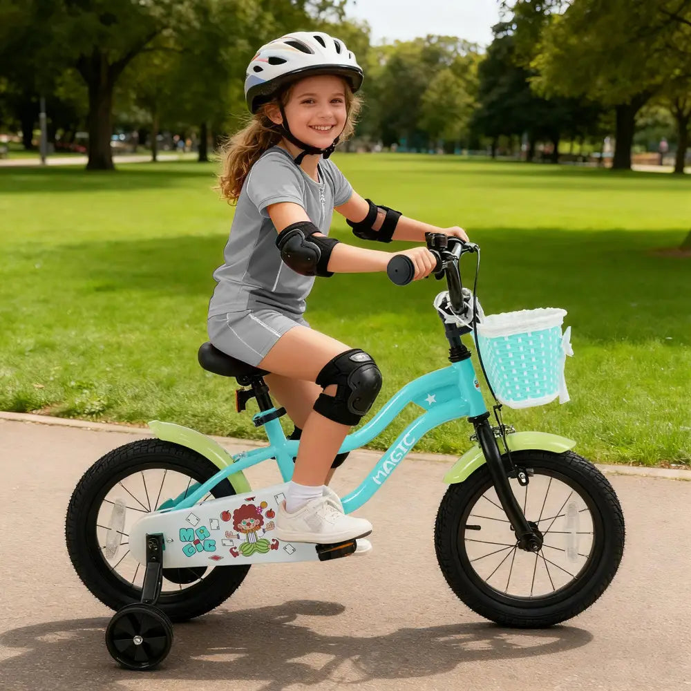 12/14/16 Inch Kids Bike with Training Wheels and Basket Green Color-14 - Kids Bike