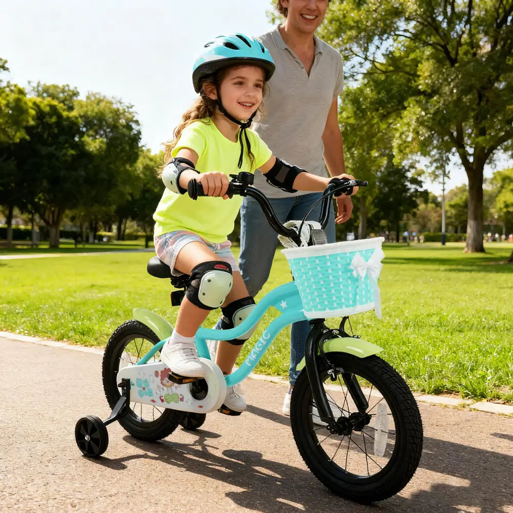 12/14/16 Inch Kids Bike with Training Wheels and Basket Green Color-14 - Kids Bike