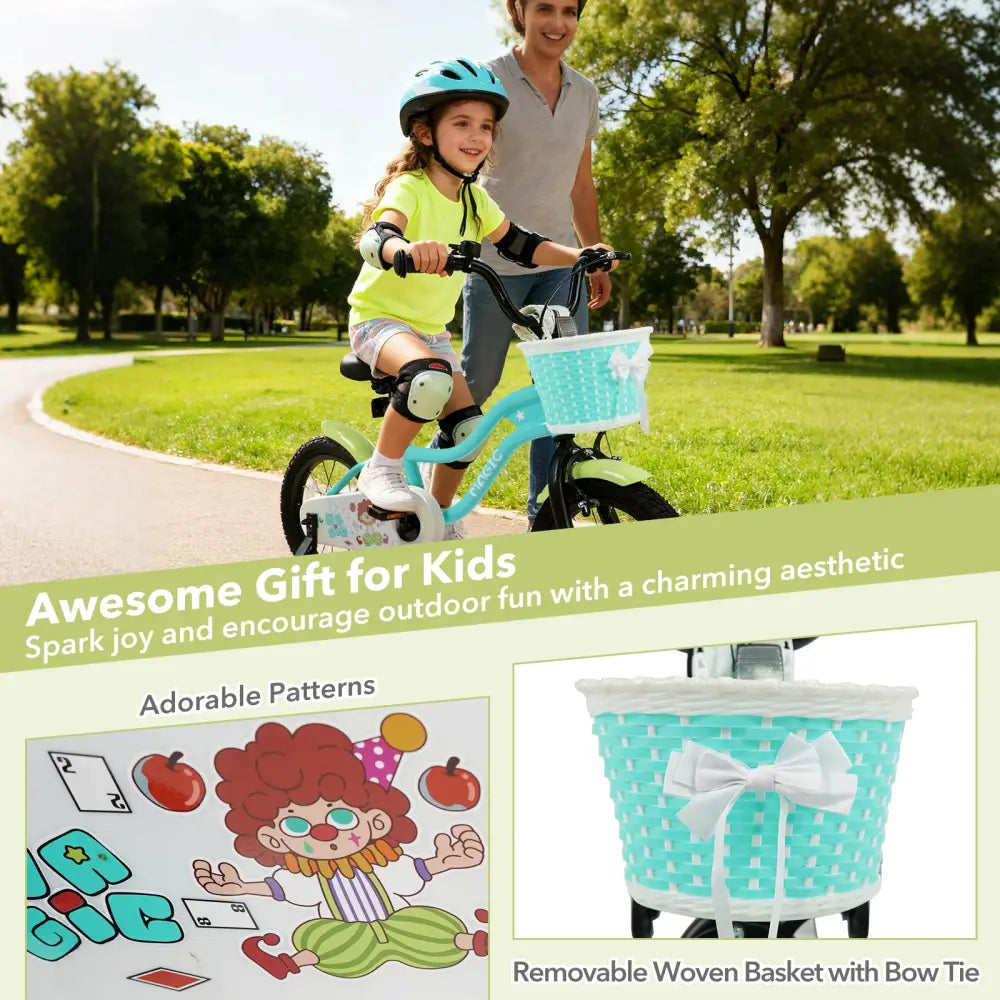 12/14/16 Inch Kids Bike with Training Wheels and Basket Green Color-14 - Kids Bike