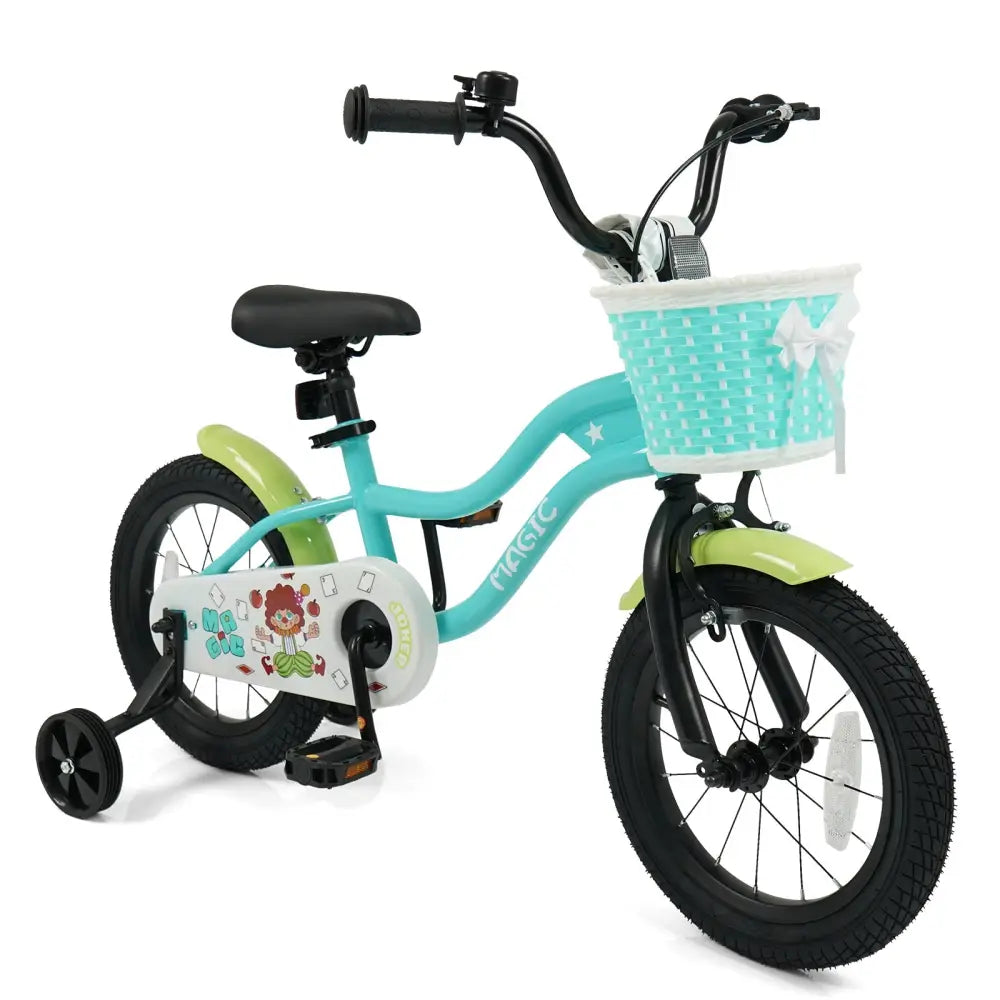 12/14/16 Inch Kids Bike with Training Wheels and Basket Green Color-14 - Kids Bike