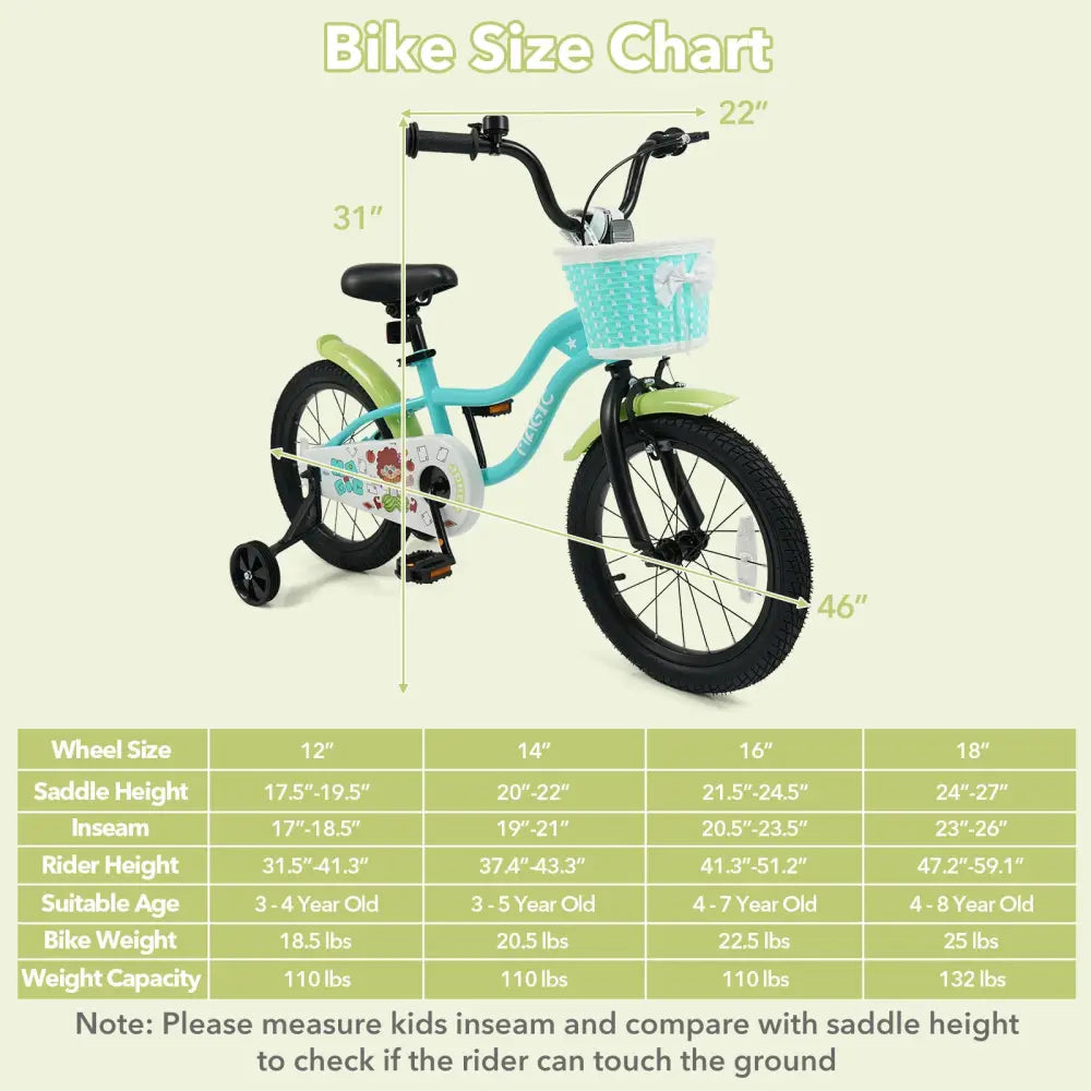 12/14/16 Inch Kids Bike with Training Wheels and Basket Green Color-16 - Kids Bike