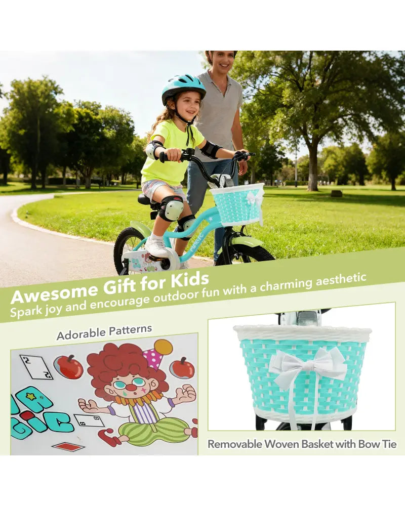 12/14/16 Inch Kids Bike with Training Wheels and Basket Green Color-16 - Kids Bike