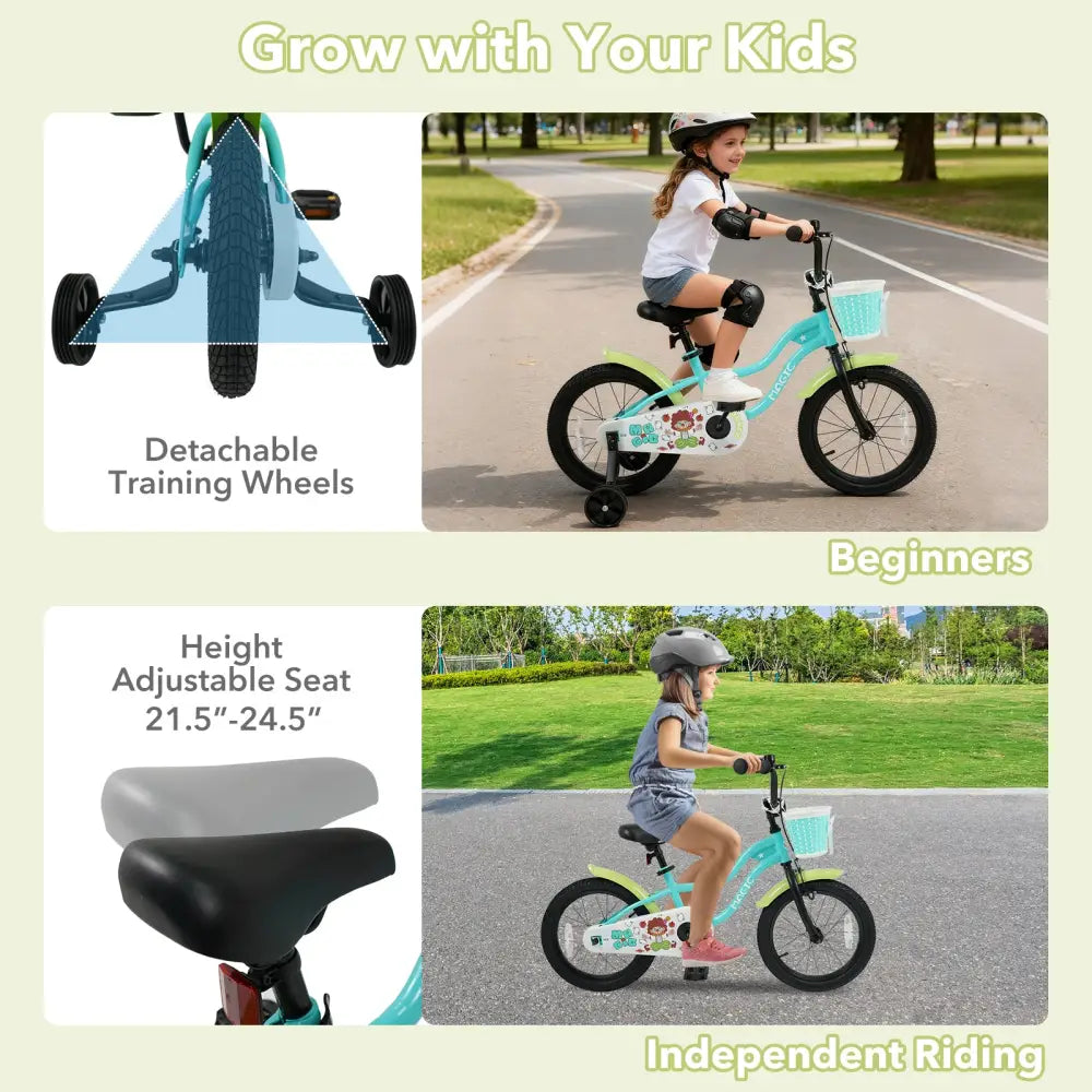 12/14/16 Inch Kids Bike with Training Wheels and Basket Green Color-16 - Kids Bike