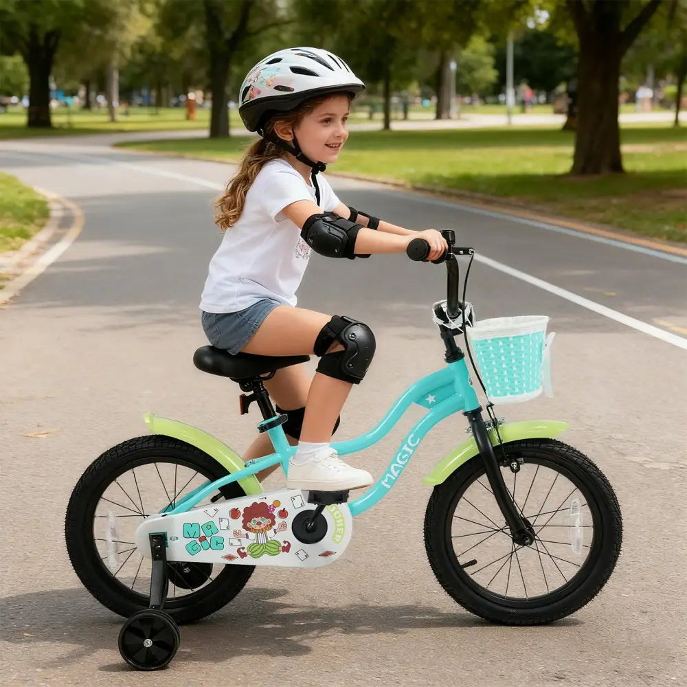 12/14/16 Inch Kids Bike with Training Wheels and Basket Green Color-16 - Kids Bike