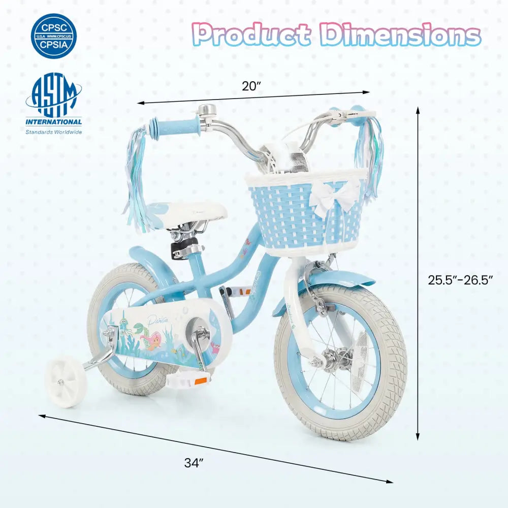 12-20 Inch Kids Bike Adjustable with Basket and Streamers Blue - Princess of the Sea Theme-12 Inch - Blue - Kids Bike