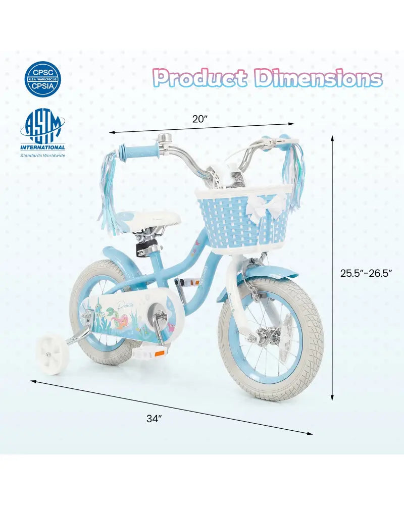 12-20 Inch Kids Bike Adjustable with Basket and Streamers Blue - Princess of the Sea Theme-12 Inch - Blue - Kids Bike
