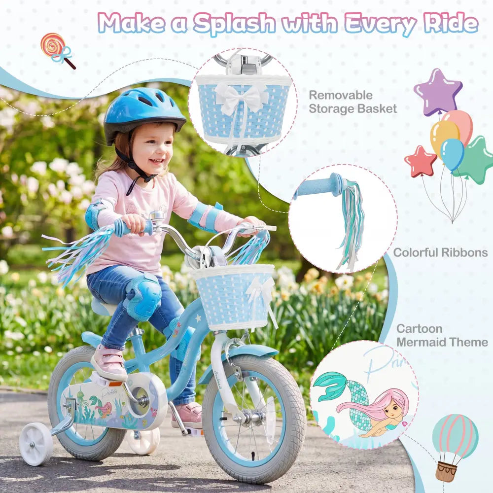 12-20 Inch Kids Bike Adjustable with Basket and Streamers Blue - Princess of the Sea Theme-12 Inch - Blue - Kids Bike
