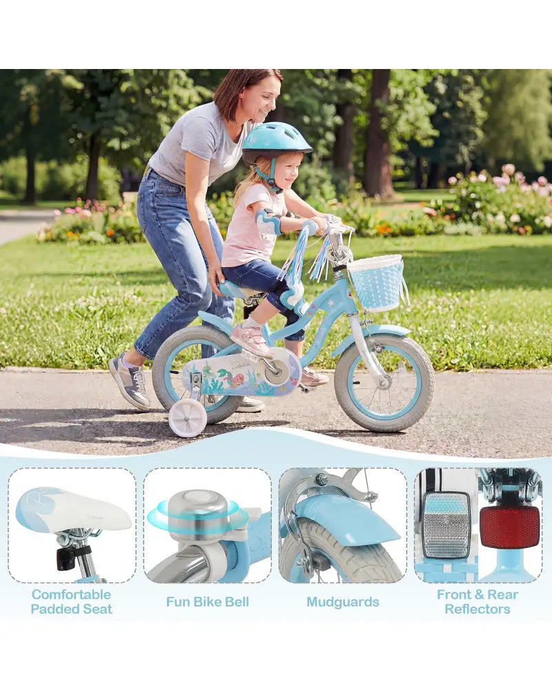 12-20 Inch Kids Bike Adjustable with Basket and Streamers Blue - Princess of the Sea Theme-12 Inch - Blue - Kids Bike