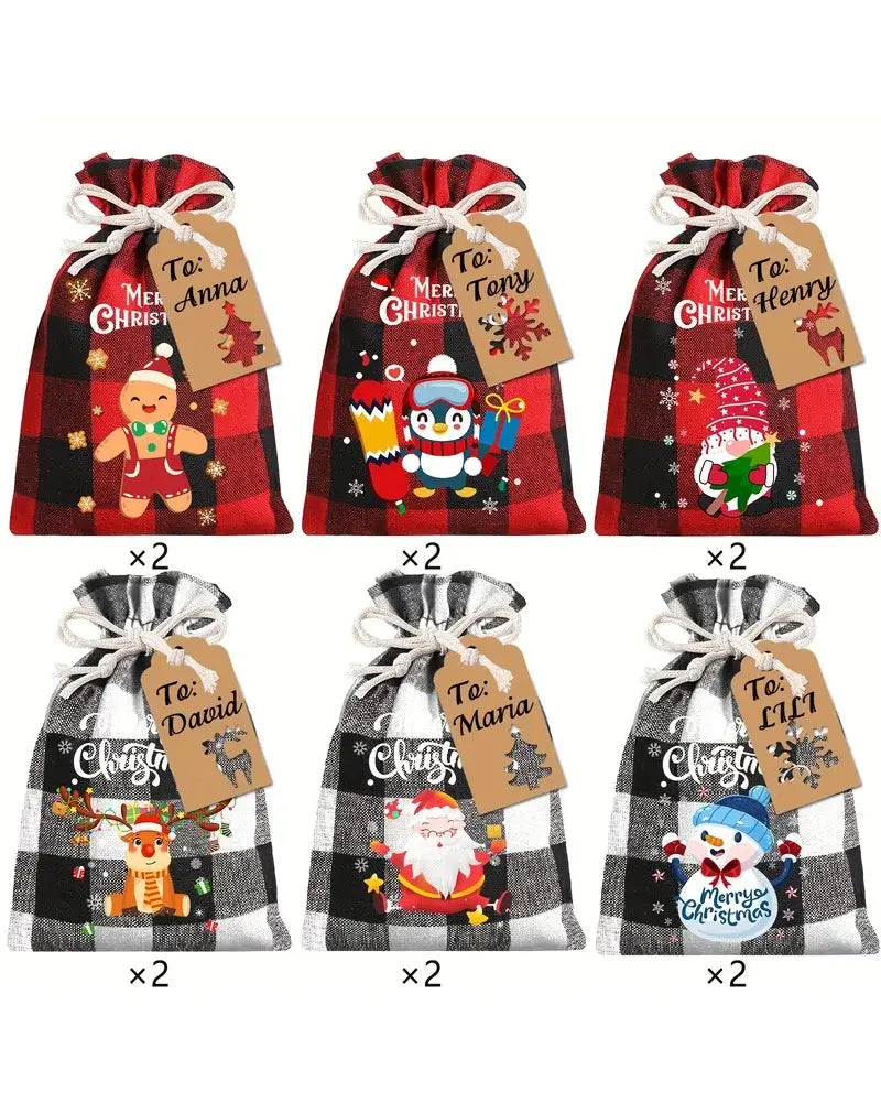 12/24pcs Christmas Burlap Gift Bags with Tags